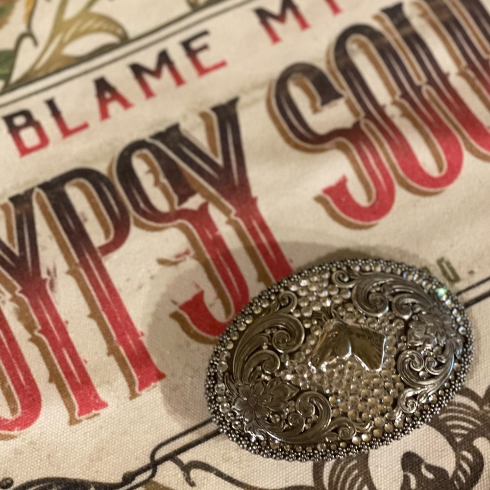 NOCONA Intricate Silver Belt Buckle With Rhinestone Accents And Horse Head Motif